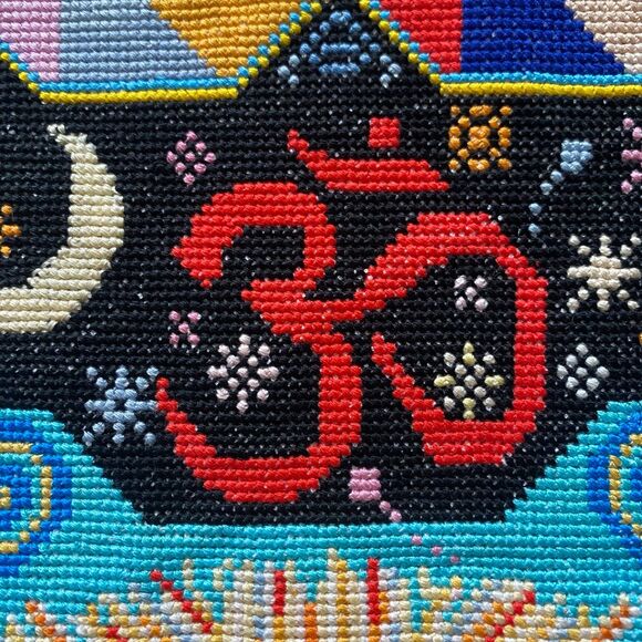 Handmade Cross Stitch Throw Pillow Cover Multicolor Om Sign Geometric OOAK - Picture 5 of 6